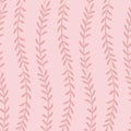 Floral seamless pattern with vertical branches and leaves; pink background.